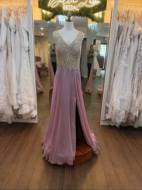 Beaded V-Neck Mauve Evening Gown